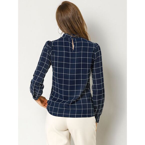 Bow Tie Neck Grid Checks Shirt Tops Blouses Navy Blue - Picture 5 of 6